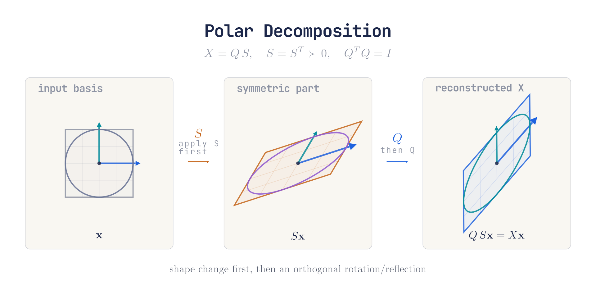 Polar decomposition diagram showing an input basis transformed first by the symmetric stretch and shear S, then by the orthogonal matrix Q to reconstruct X equals Q S.